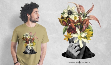Flores en la cabeza PSD diseño de camiseta.
