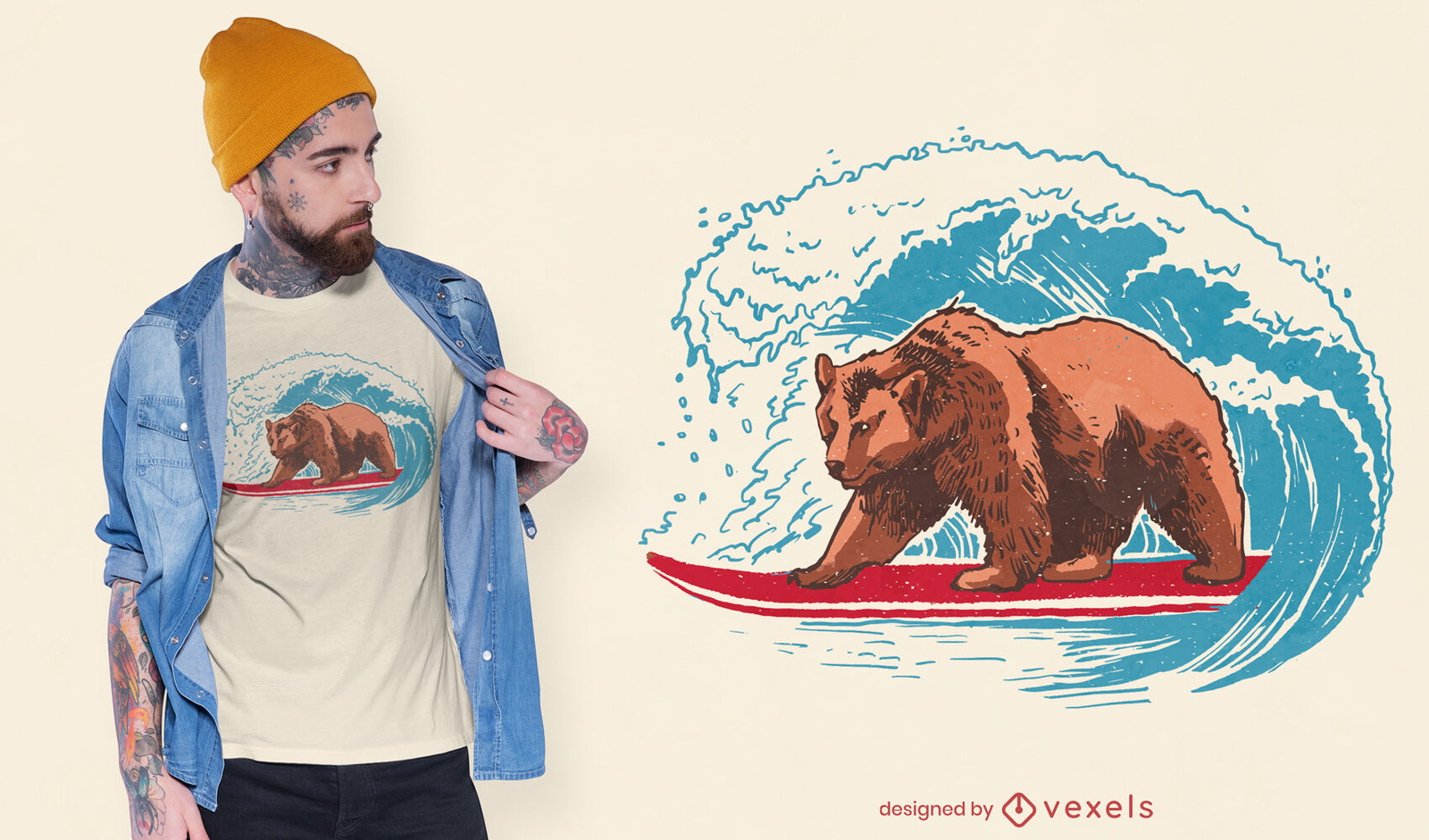 Diseño de camiseta de oso surf