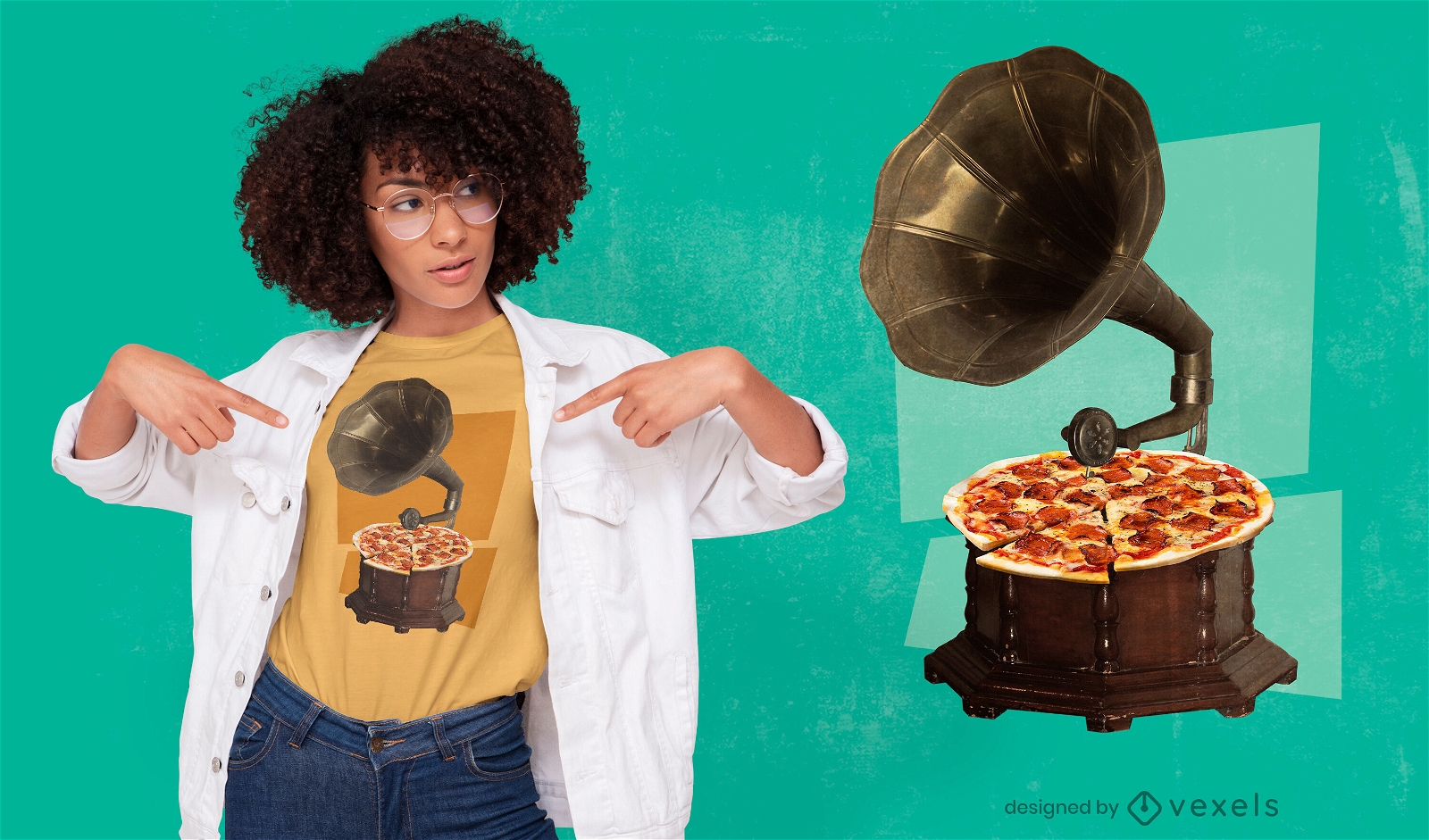 T-shirt PSD toca-discos de vinil pizza design