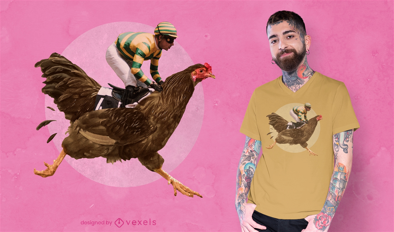 Homem montando frango design surreal de camiseta PSD