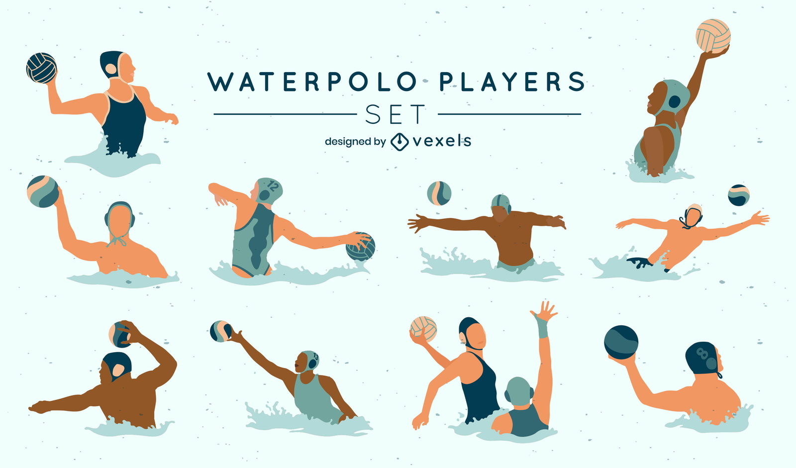 Conjunto plano de deportes acuáticos de jugadores de waterpolo