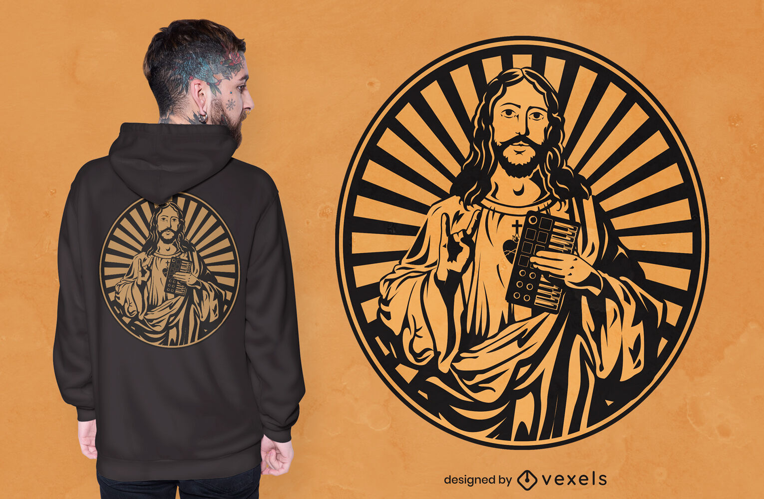 Jesús con diseño de camiseta de sintetizador.