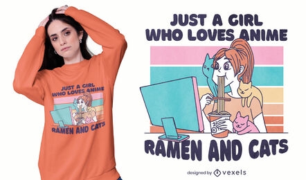 A garota adora o design de camisetas de anime e ramen