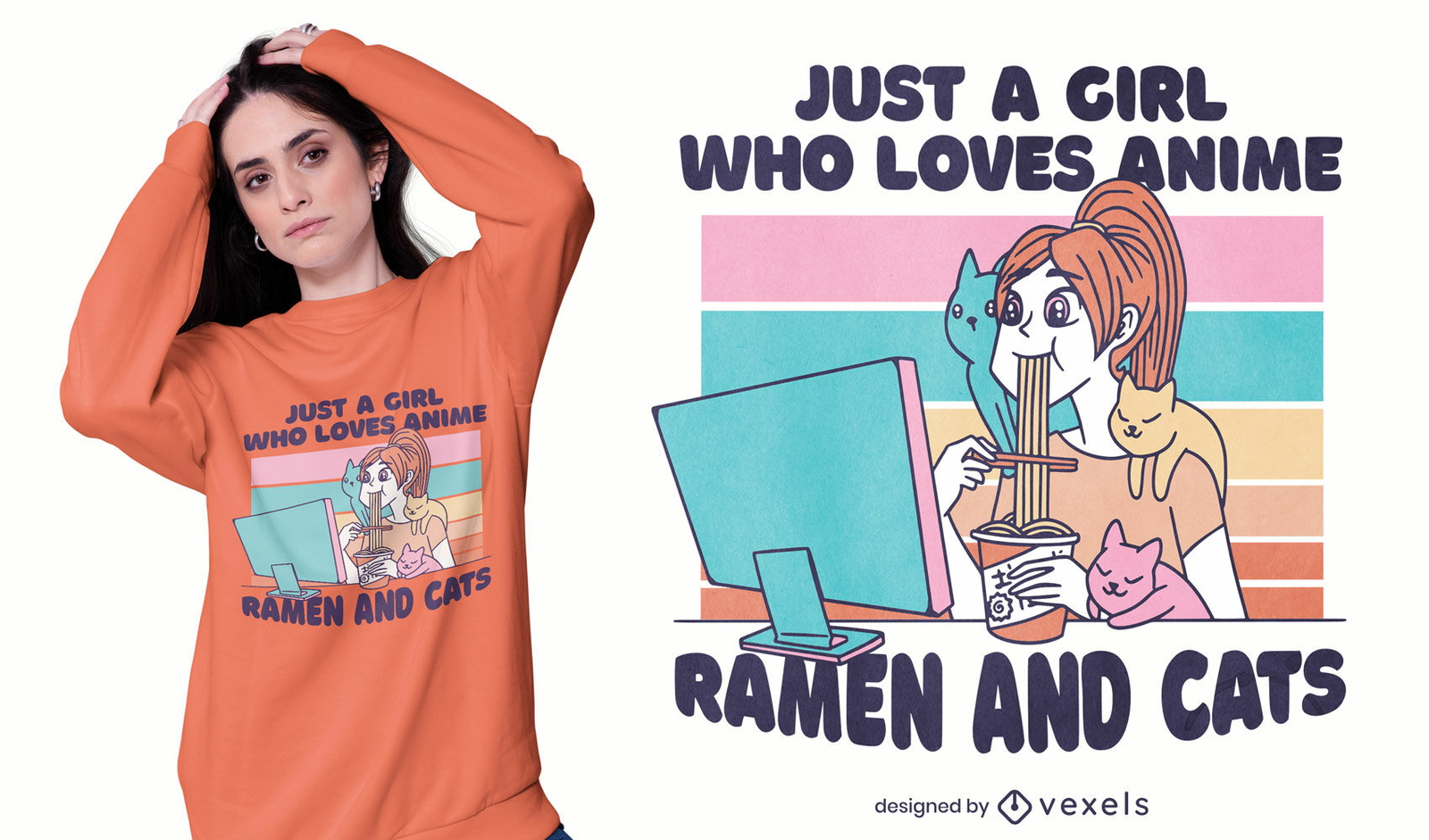 Chica ama el diseño de camiseta de anime y ramen.