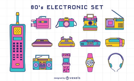 Conjunto de elementos retro de dispositivos electrónicos de los 80.
