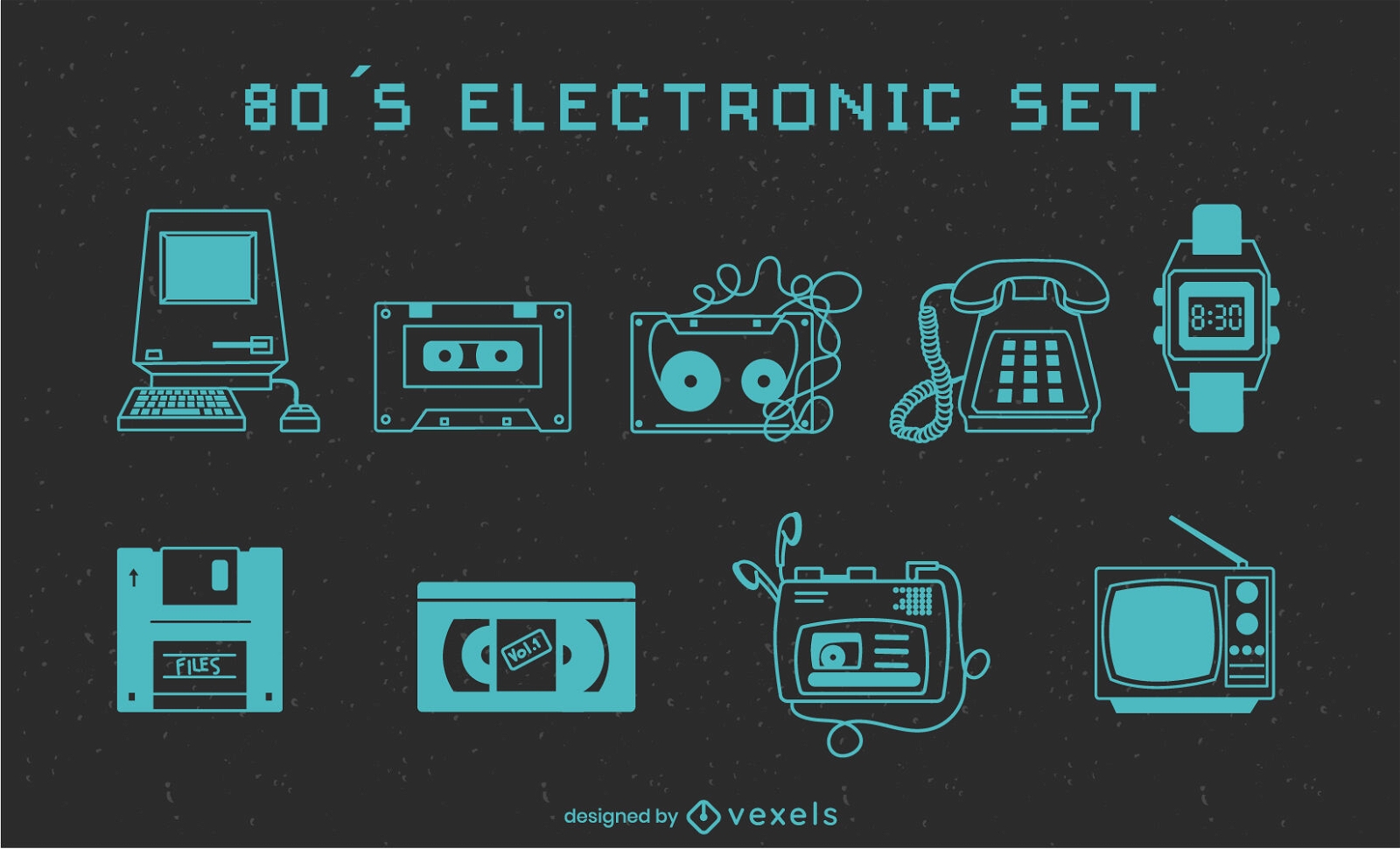 Conjunto de tecnología de dispositivos electrónicos de los años 80.