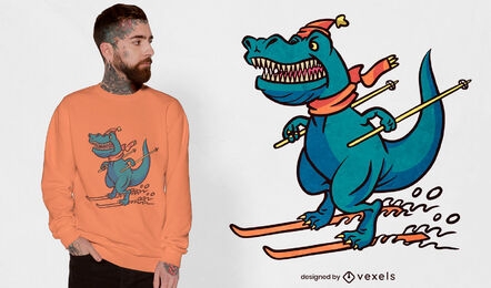 Design de camiseta de dinossauro esquiando
