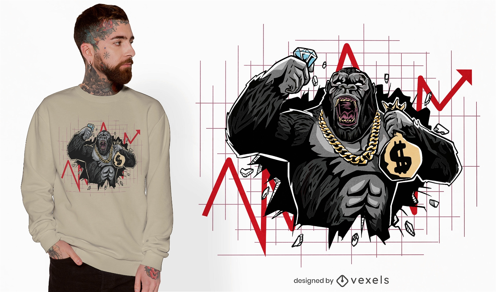 Diseño de camiseta gorilla crashing market