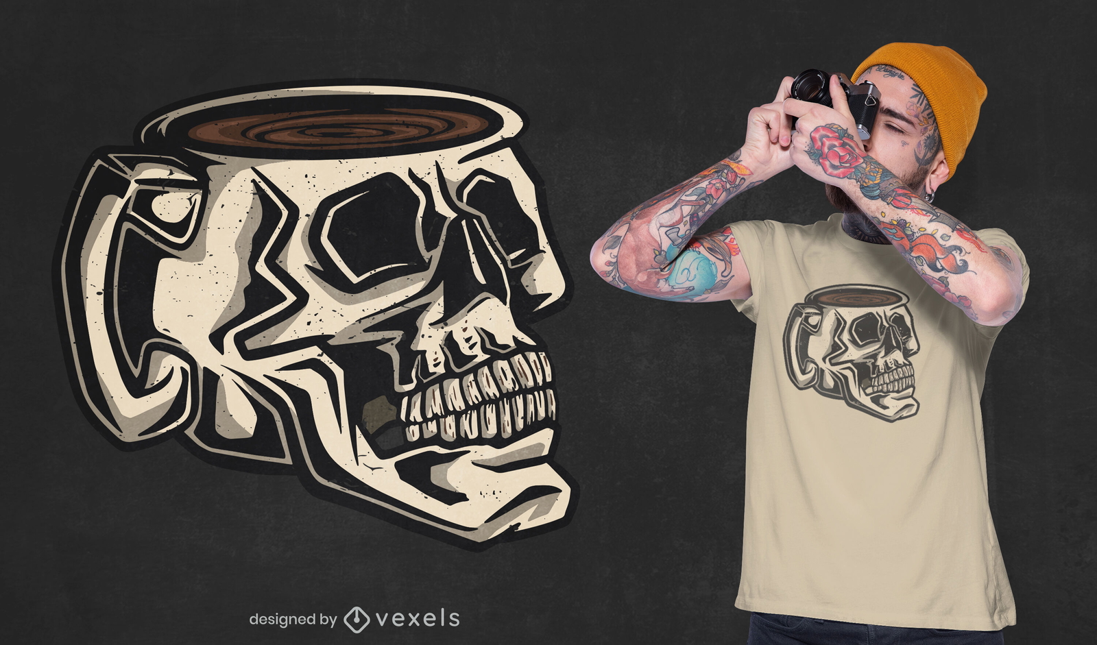 Totenkopf-Becher-Kaffeegetränk-T-Shirt-Design