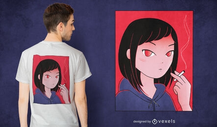 Design de t-shirt com retrato de mulher a fumar anime