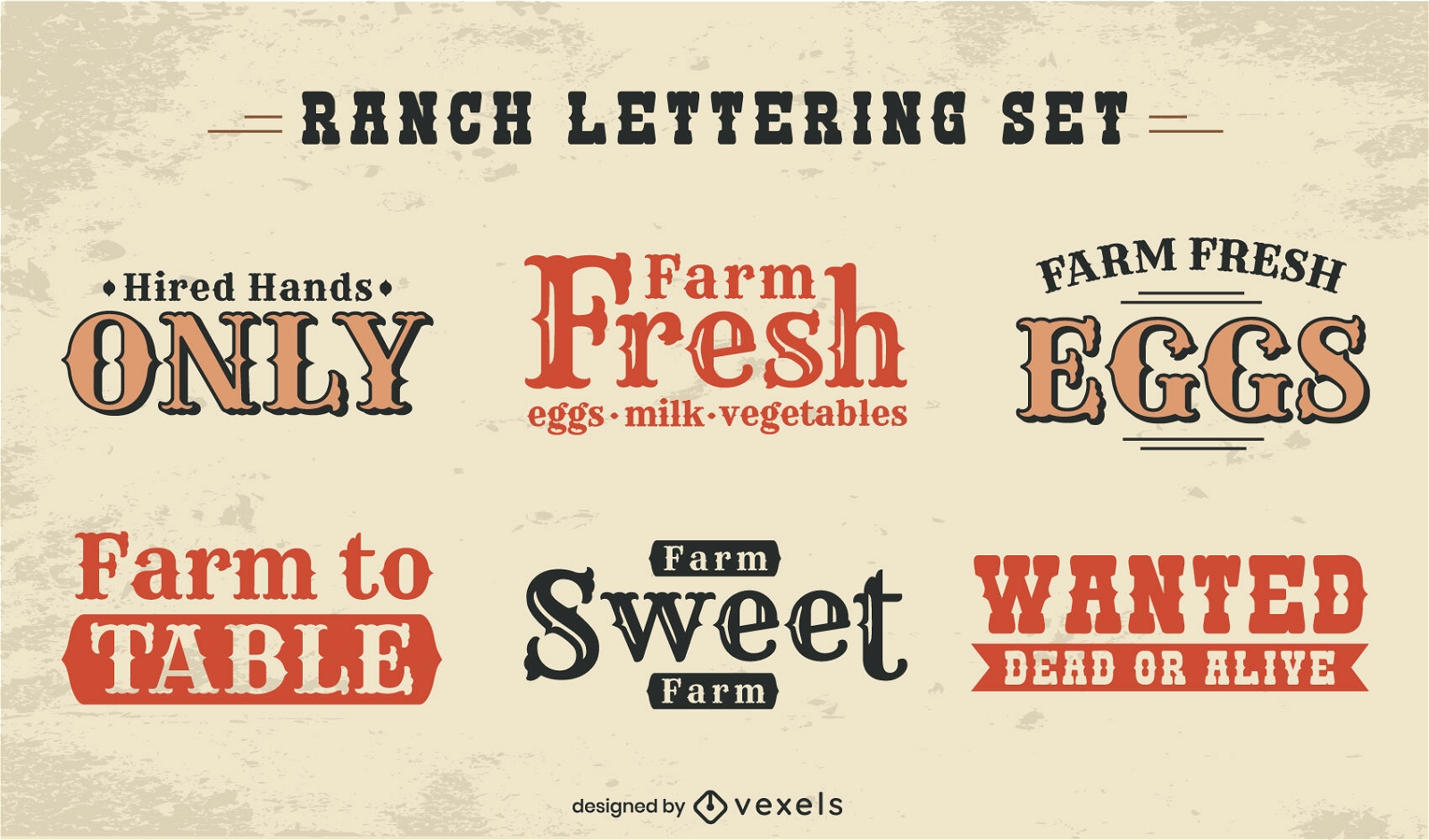 Conjunto de letras de distintivos de rancho de comida de fazenda