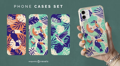 Tropical birds and leaves nature phone case set