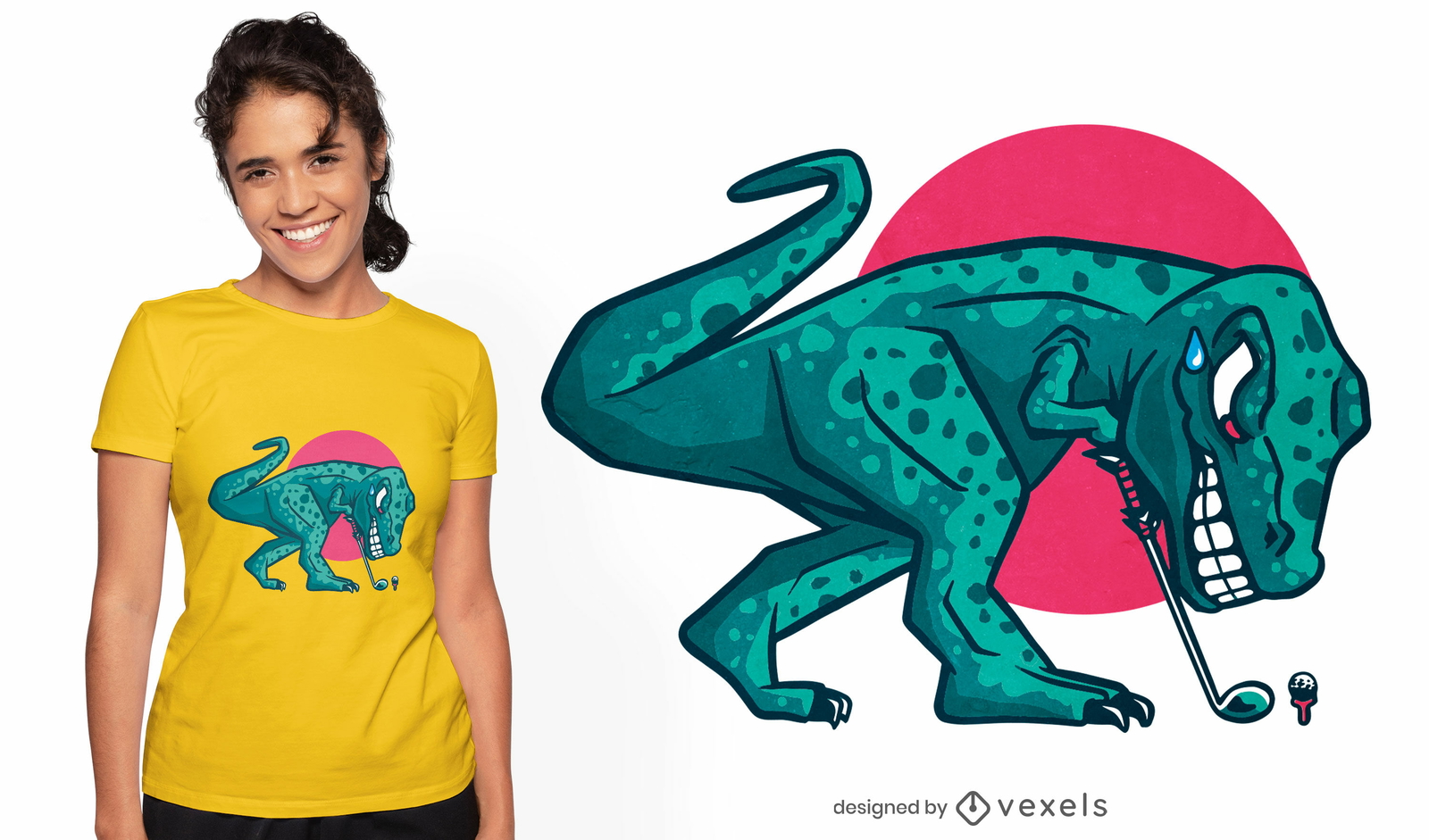 Diseño de camiseta de dinosaurio t-rex jugando golf