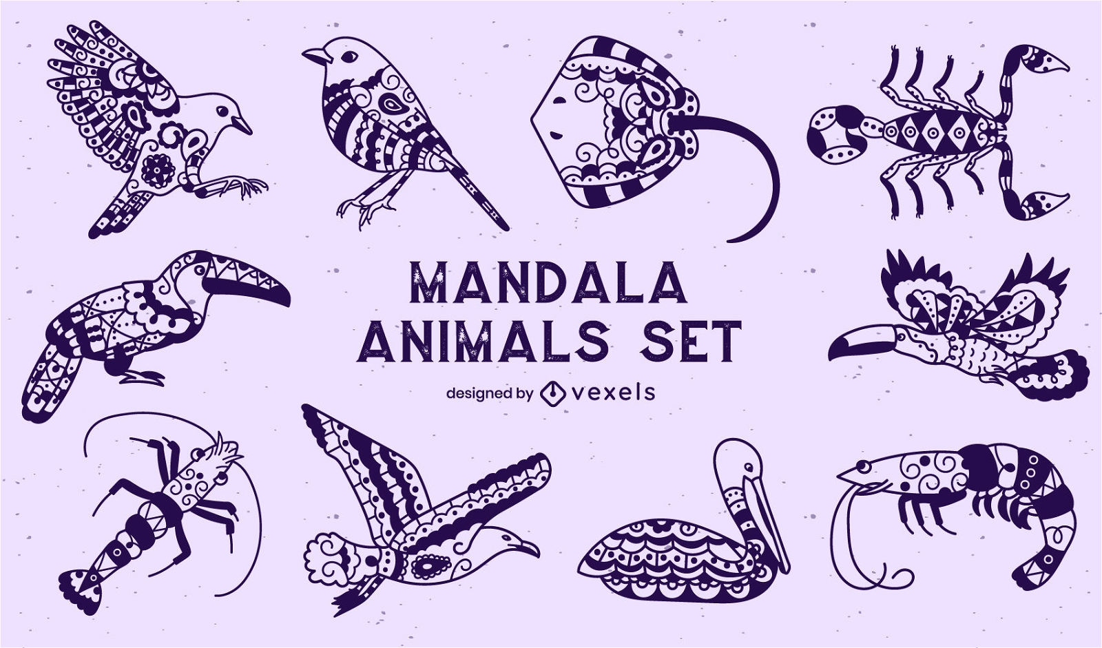 Conjunto de animales en estilo mandala.