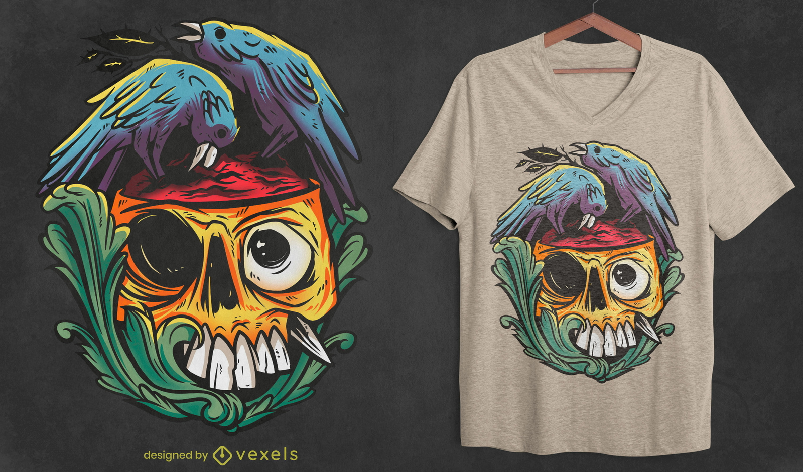 Diseño de camiseta de pájaro cuervo comiendo zombie