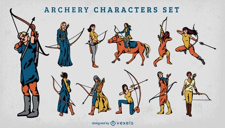 Conjunto de trazos de color de personajes de tiro con arco