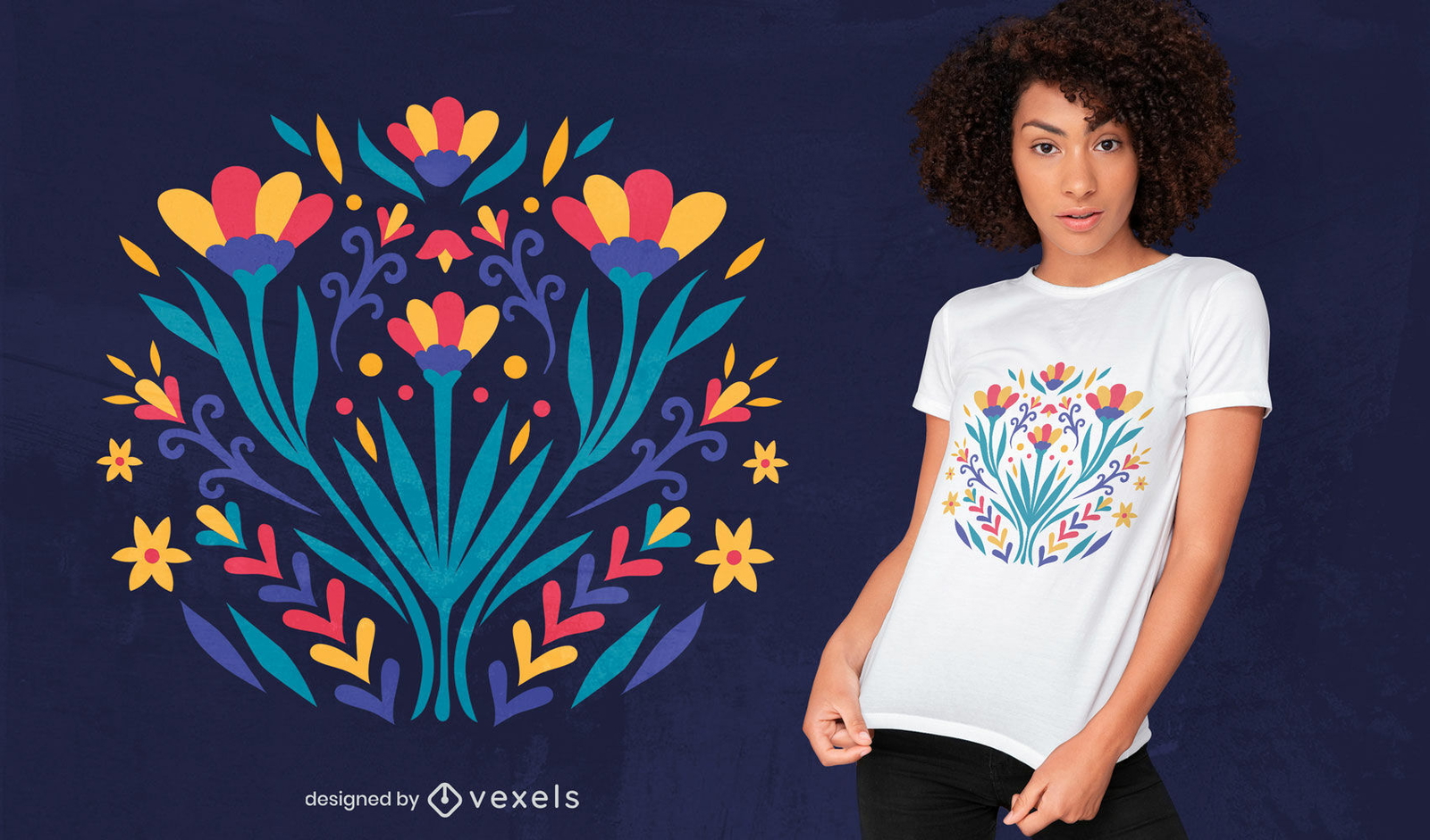 Diseño de camiseta plana de flores otomíes