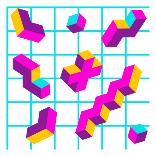 Formas geométricas 3D y rejilla azul. Diseño PNG