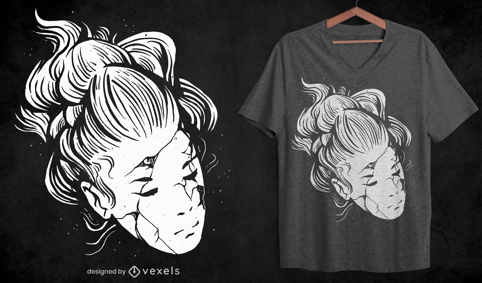 Desenho de t-shirt de halloween de mulher com cara de quebrado