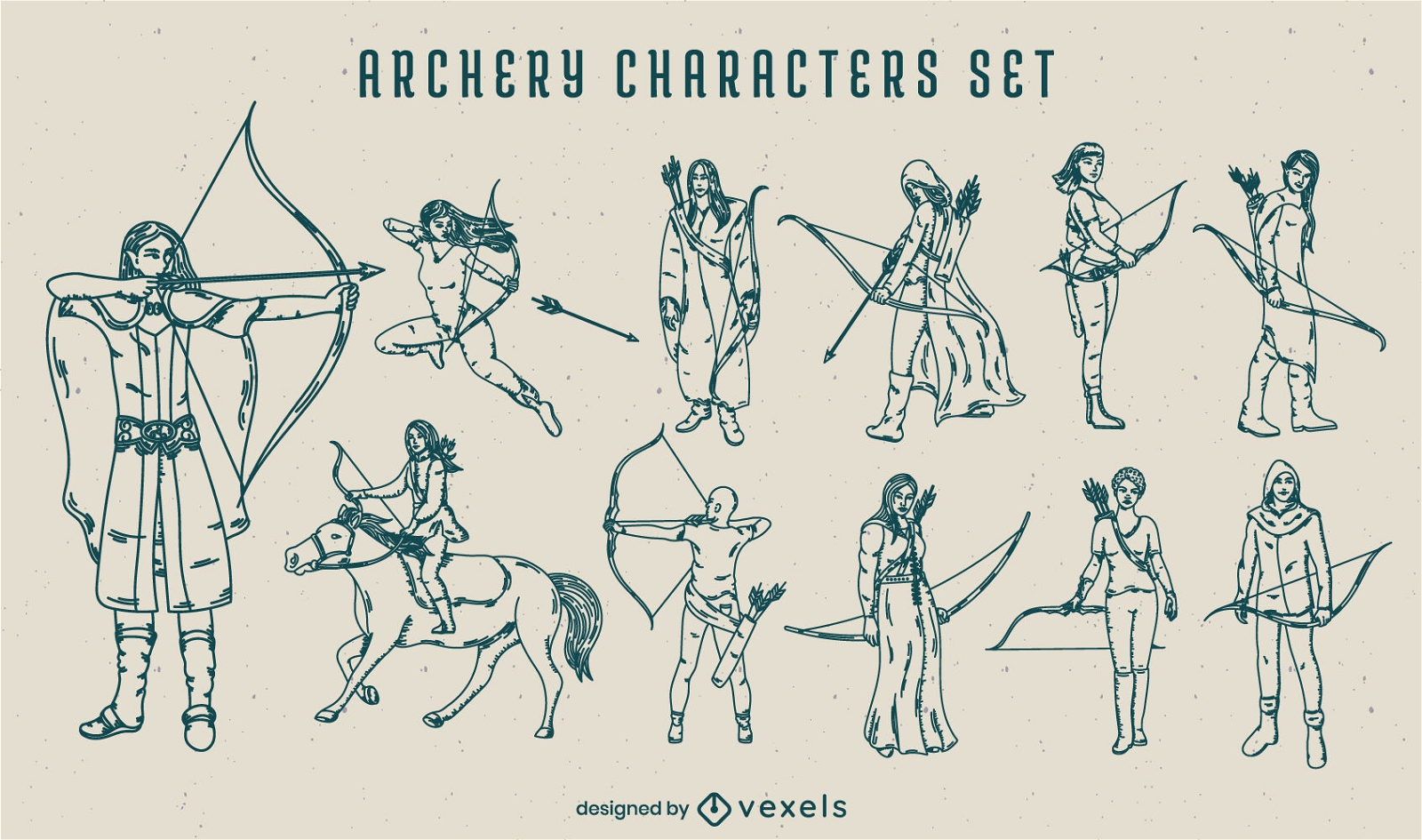 Conjunto de personagens de tiro com arco desenhado à mão