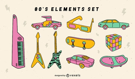 Conjunto retro de los años 80 de trazo de color de elementos