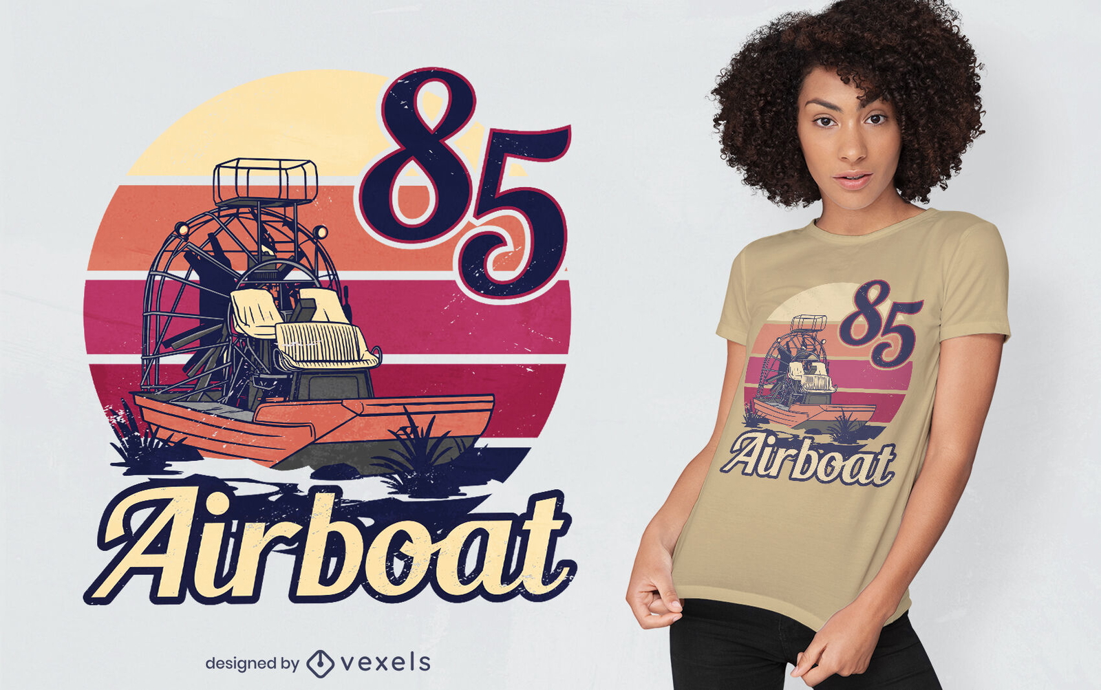 Diseño de camiseta retro puesta de sol de transporte de hidrodeslizador.