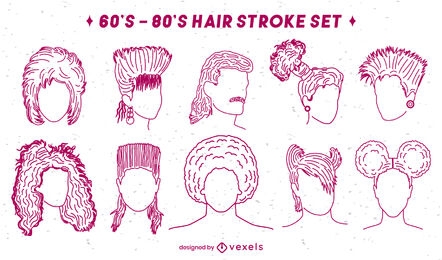 Retro 70s 80s set of hair styles stroke