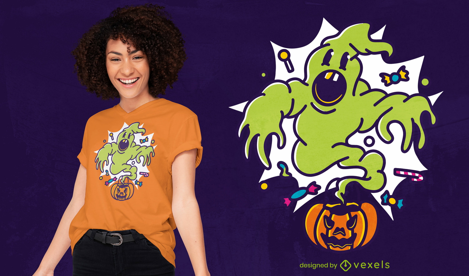 Cartoon-Geist-Kürbis-Halloween-T-Shirt