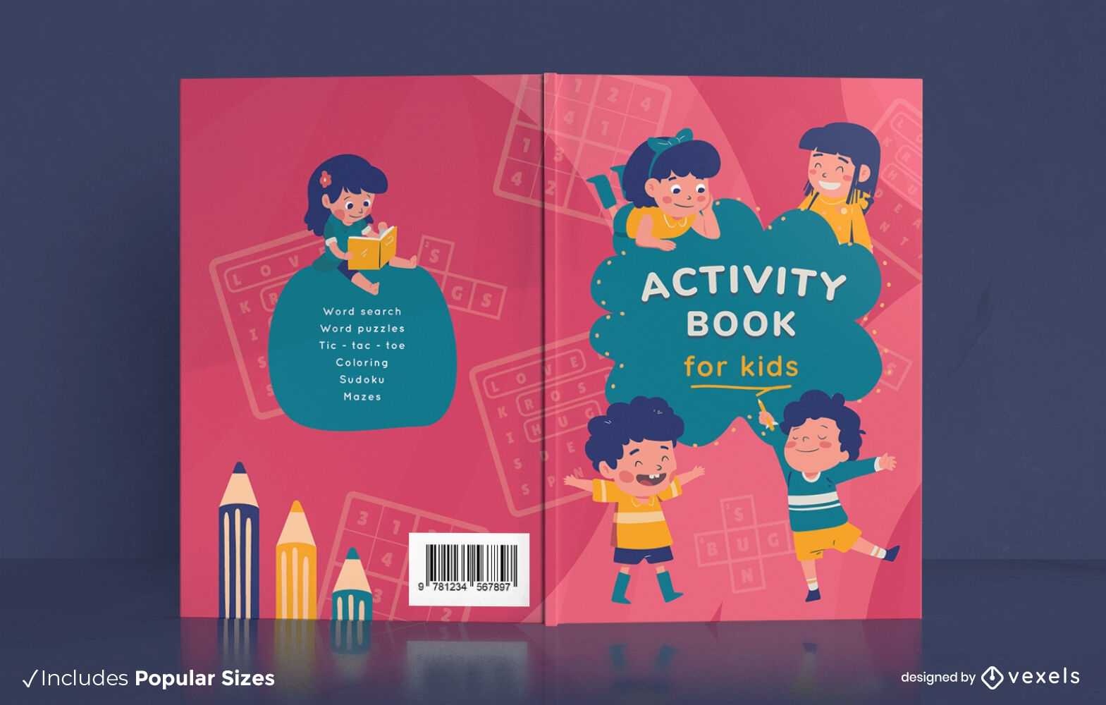 Diseño de portada de libro de actividades para niños.