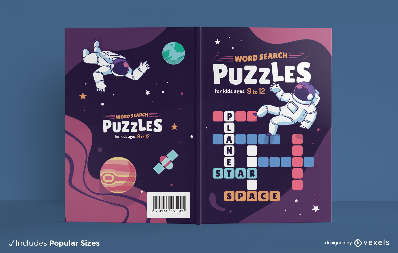 Diseño de portada de libro de rompecabezas de búsqueda de palabras espaciales