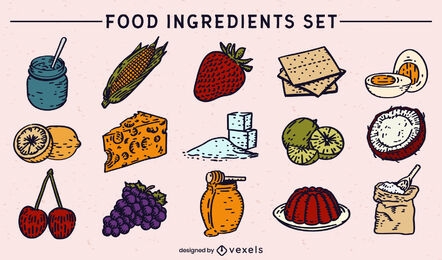 Conjunto de elementos e ingredientes alimentarios.