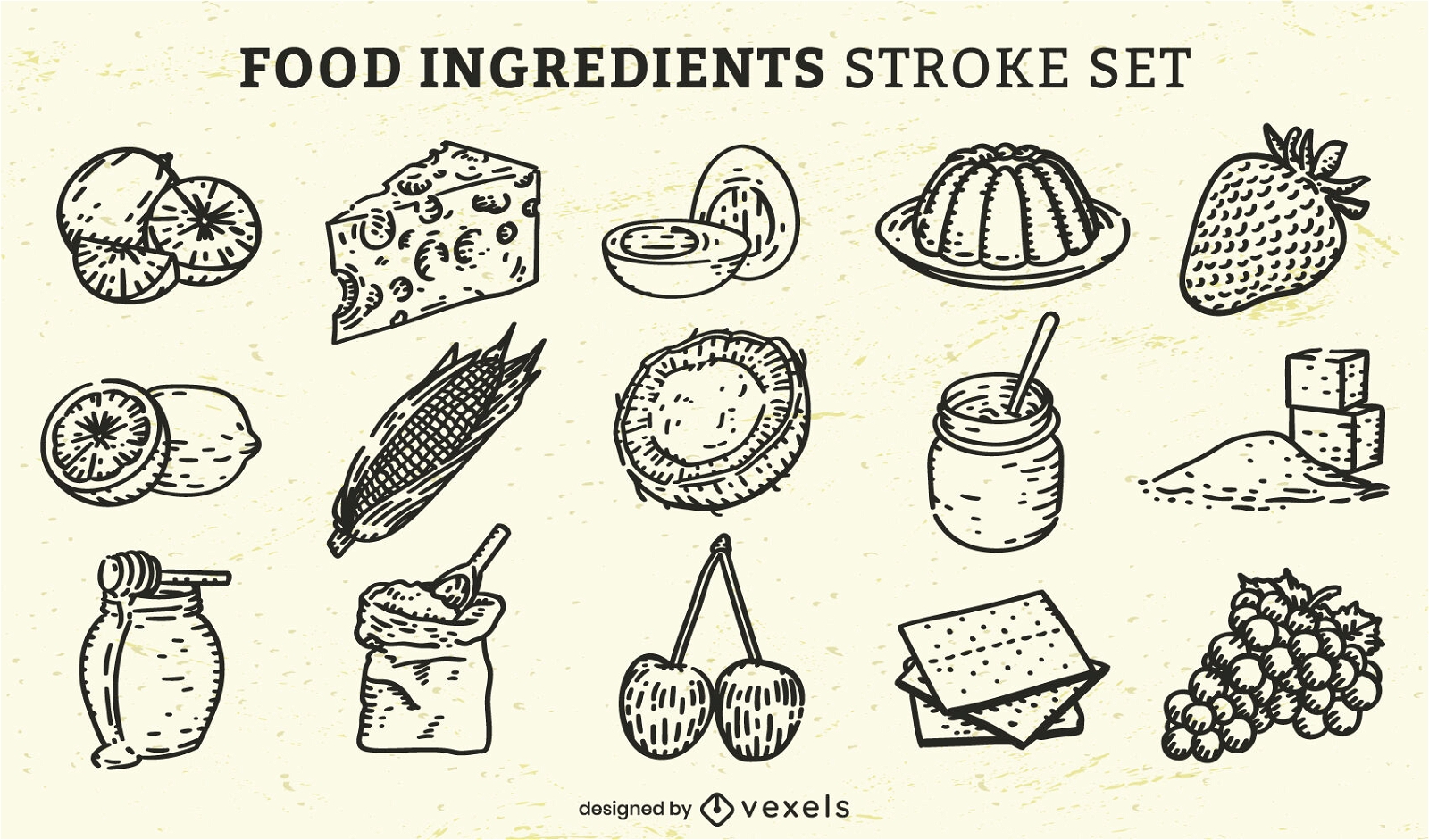 Conjunto de elementos e ingredientes de alimentos desenhados à mão