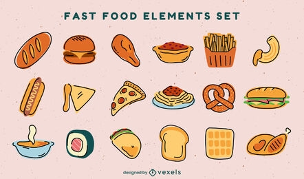Set of fast food color stroke elements