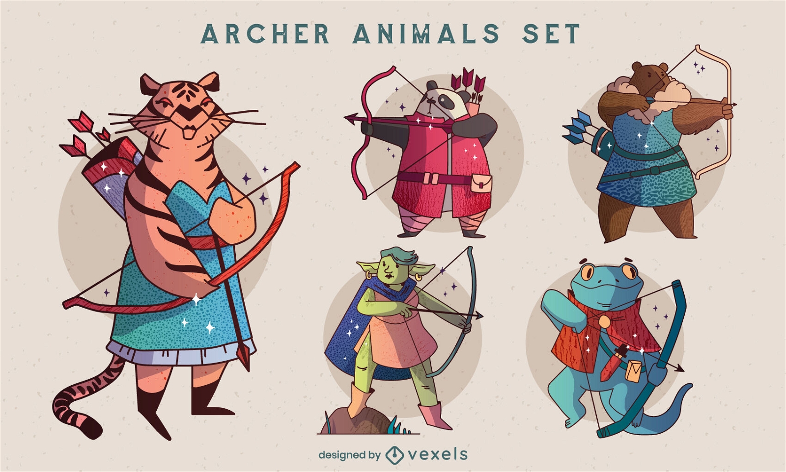 Conjunto de ilustração de personagens de animais com arco e flecha
