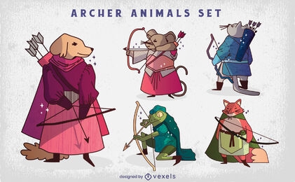 Conjunto de ilustración de personajes de animales de tiro con arco
