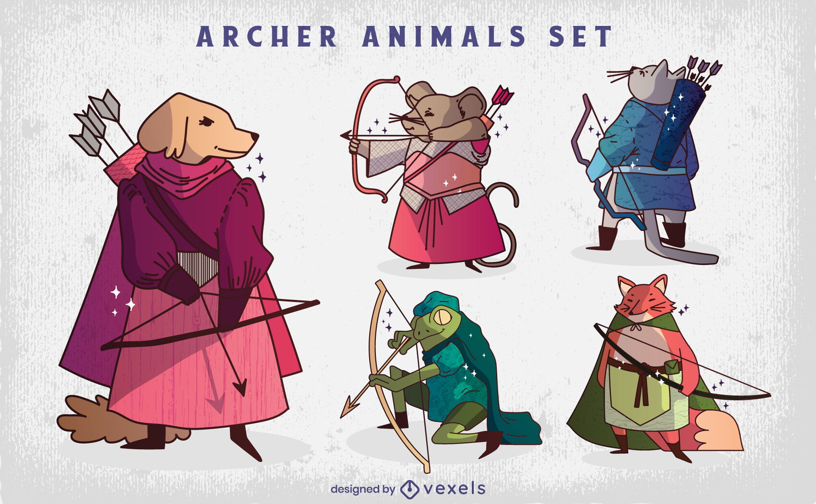 Conjunto de ilustración de personajes de animales de tiro con arco