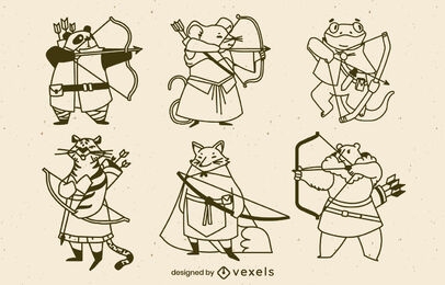 Archery animal characters stroke set
