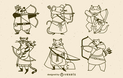 Bogenschießen-Tierzeichen-Stroke-Set
