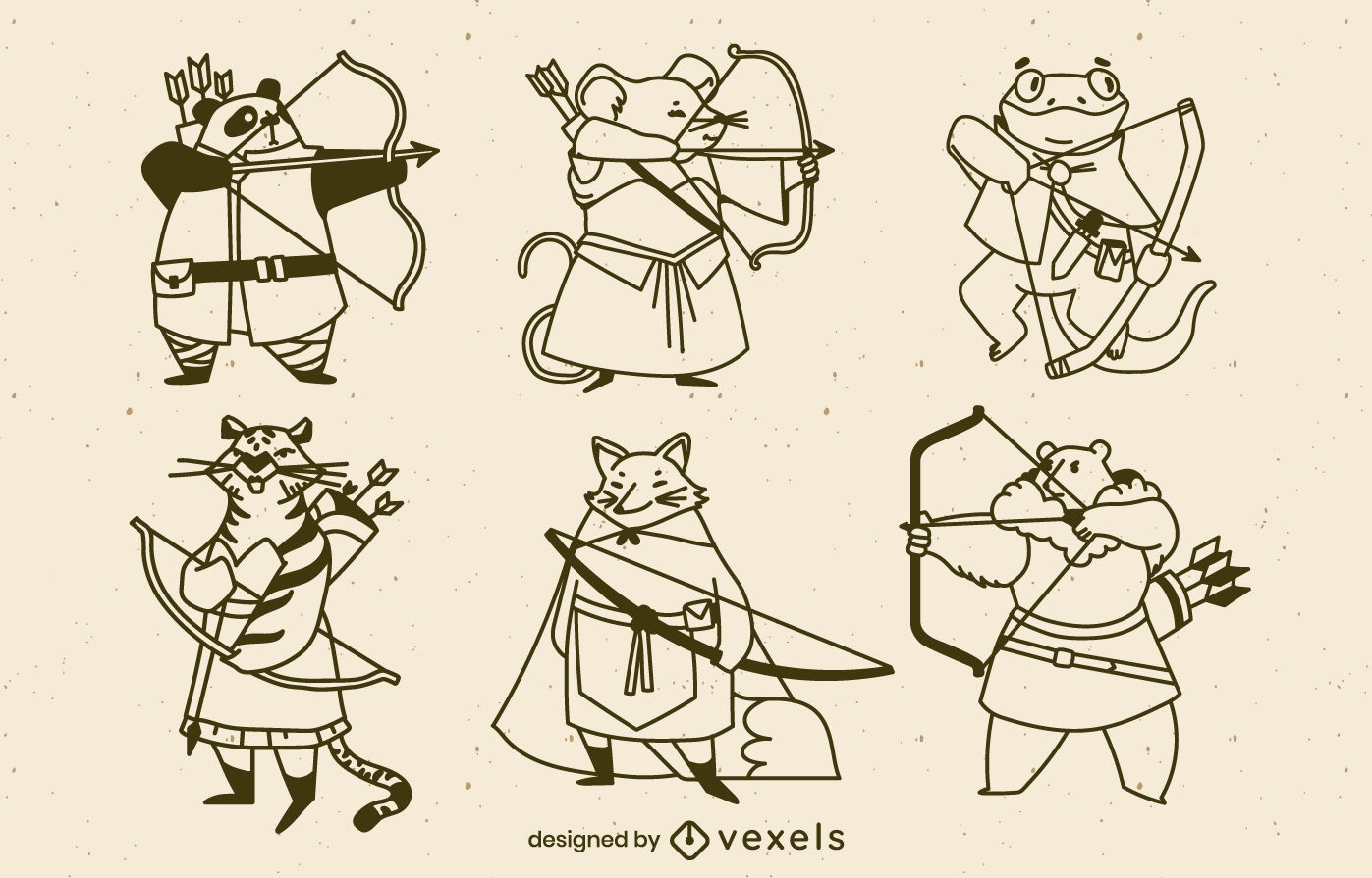 Conjunto de tacadas de personagens de animais com arco e flecha