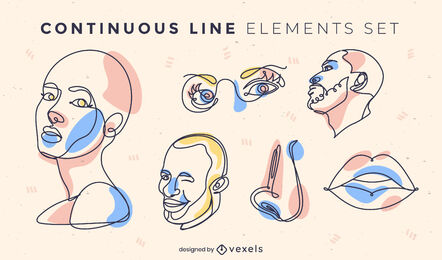 Face and anatomy items continuous line set