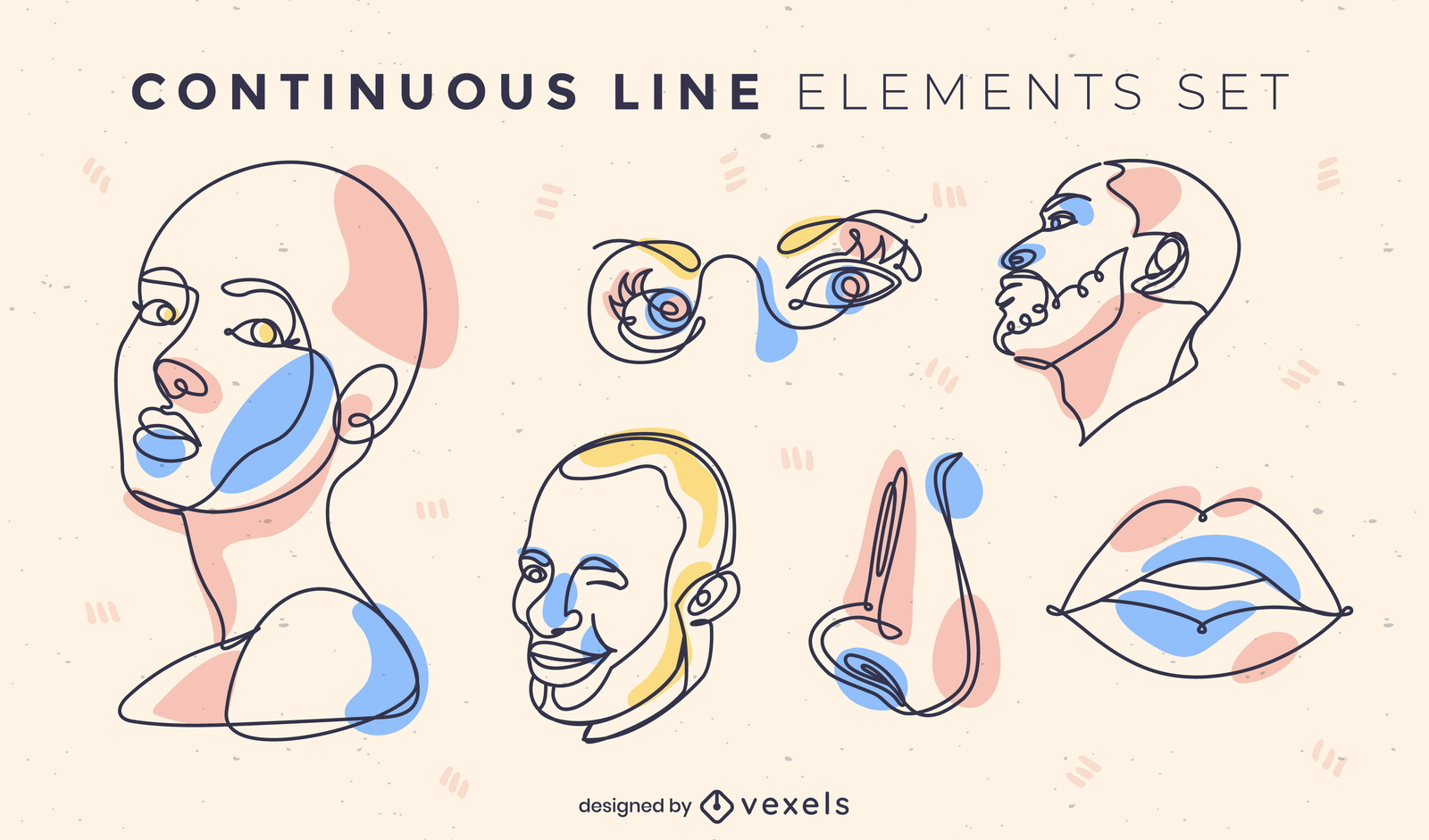 Conjunto de líneas continuas de elementos faciales y anatómicos