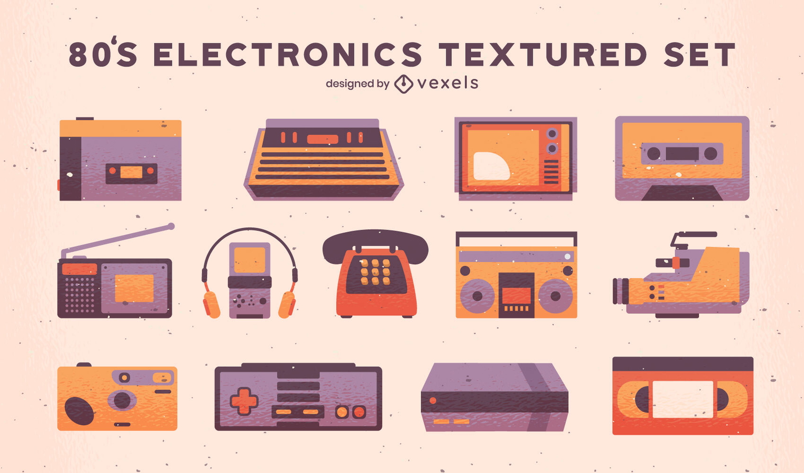 Elementos retro de tecnología de los 80 con textura.