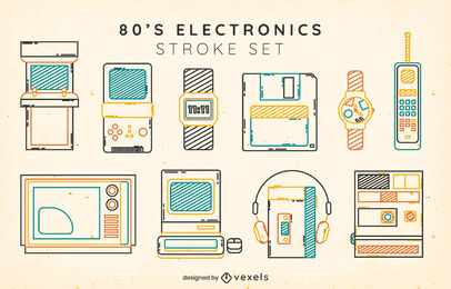 conjunto de traços de cor de elementos eletrônicos dos anos 80