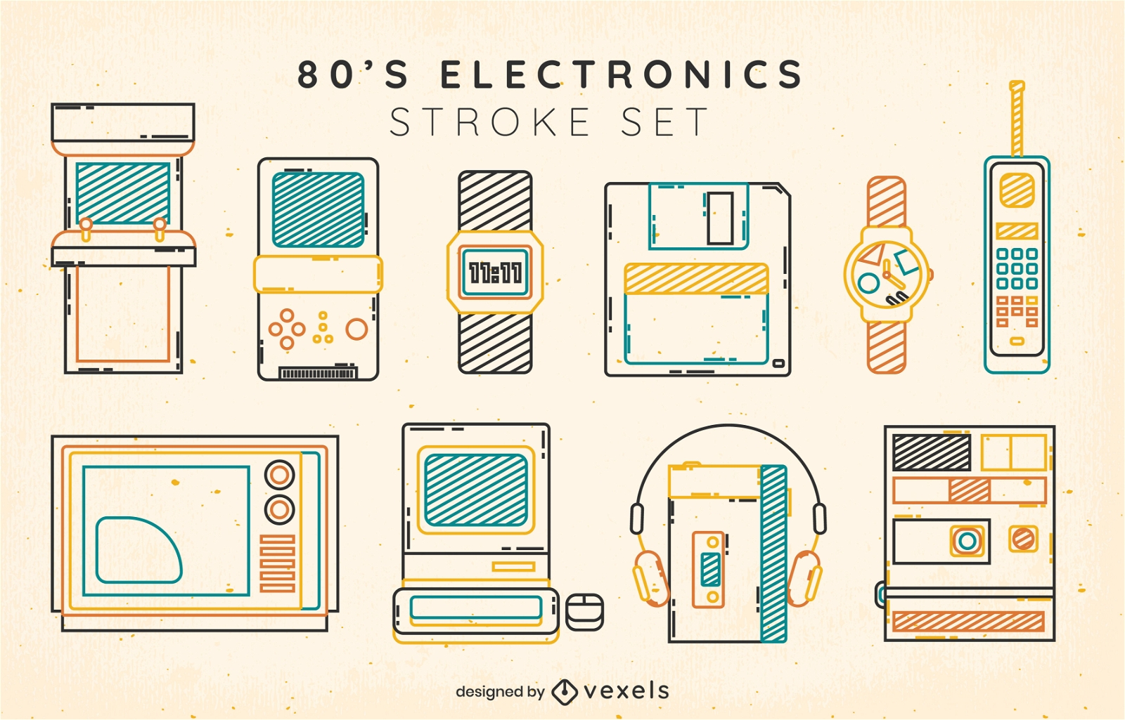 Conjunto de trazos de color de elementos electrónicos de los 80.