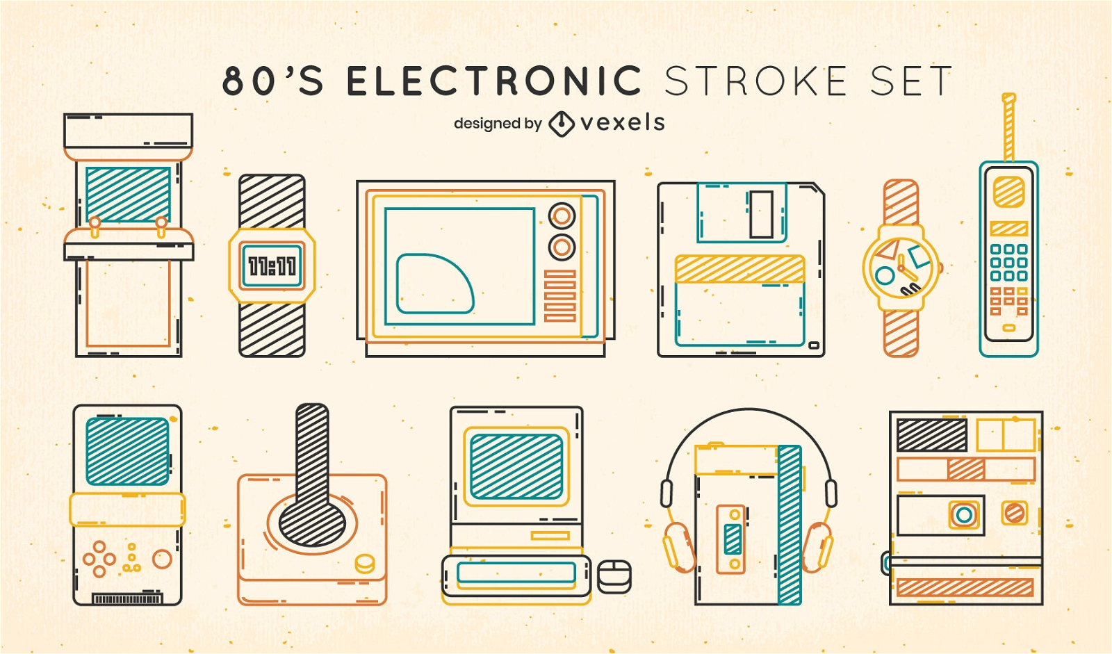 Conjunto de traços coloridos de elementos eletrônicos dos anos 80