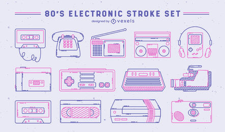 Set of retro technology elements stroke
