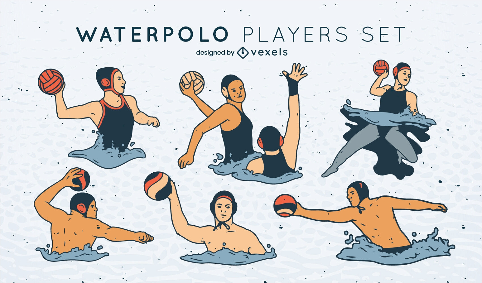Set of waterpolo players color stroke
