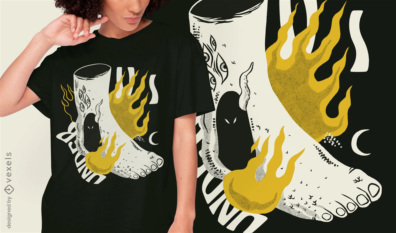 Design bizarro de t-shirt com p? corporal em chamas
