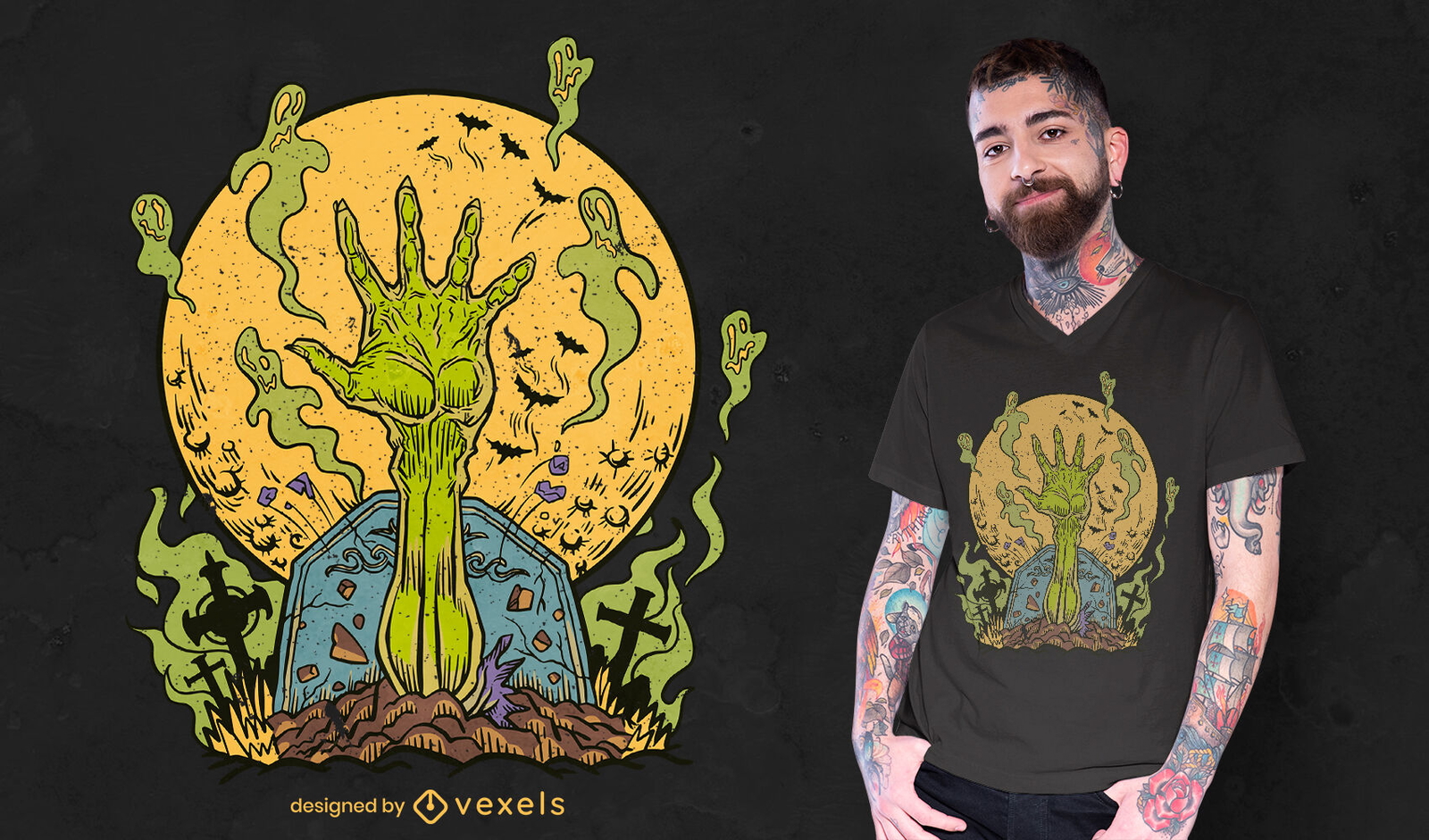 Design de t-shirt do cemitério de fantasmas de mão de zumbi