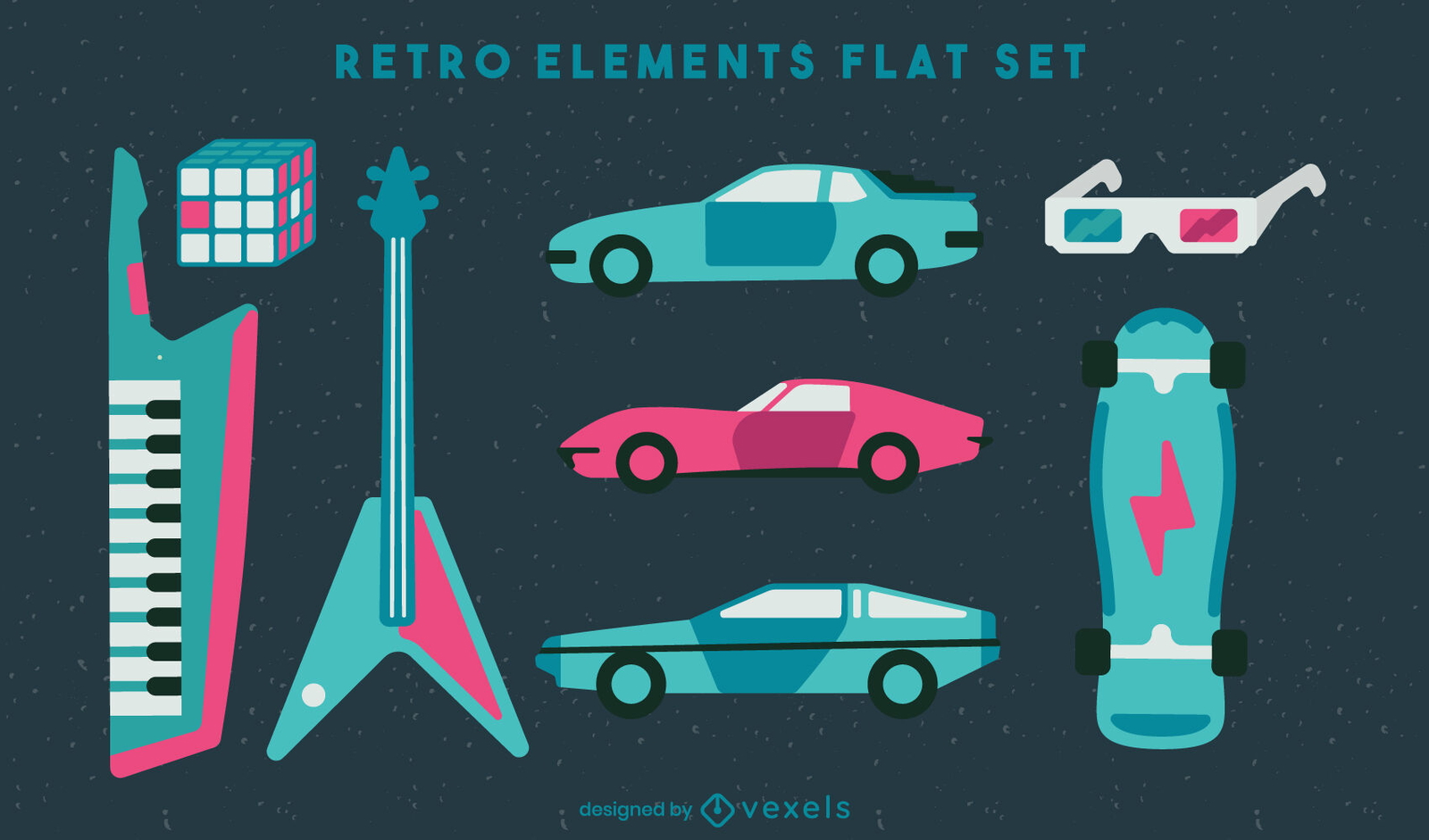 elementos de transporte e música retrô dos anos 80